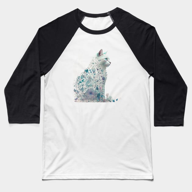 Watercolor Cat in Nature, Floral Design Baseball T-Shirt by DesignedbyWizards